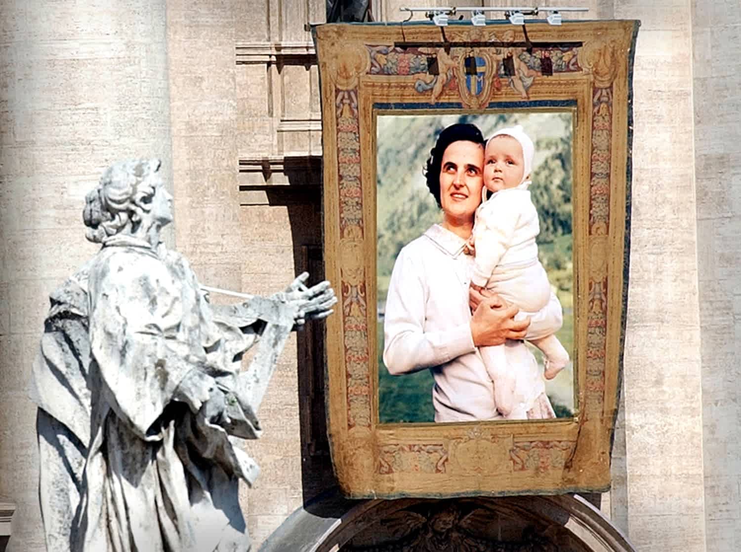 A large banner featuring Saint Gianna Beretta Molla and her child displayed during her canonization at the Vatican