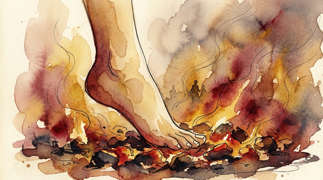 A bare foot stepping into embers, watercolor illustration