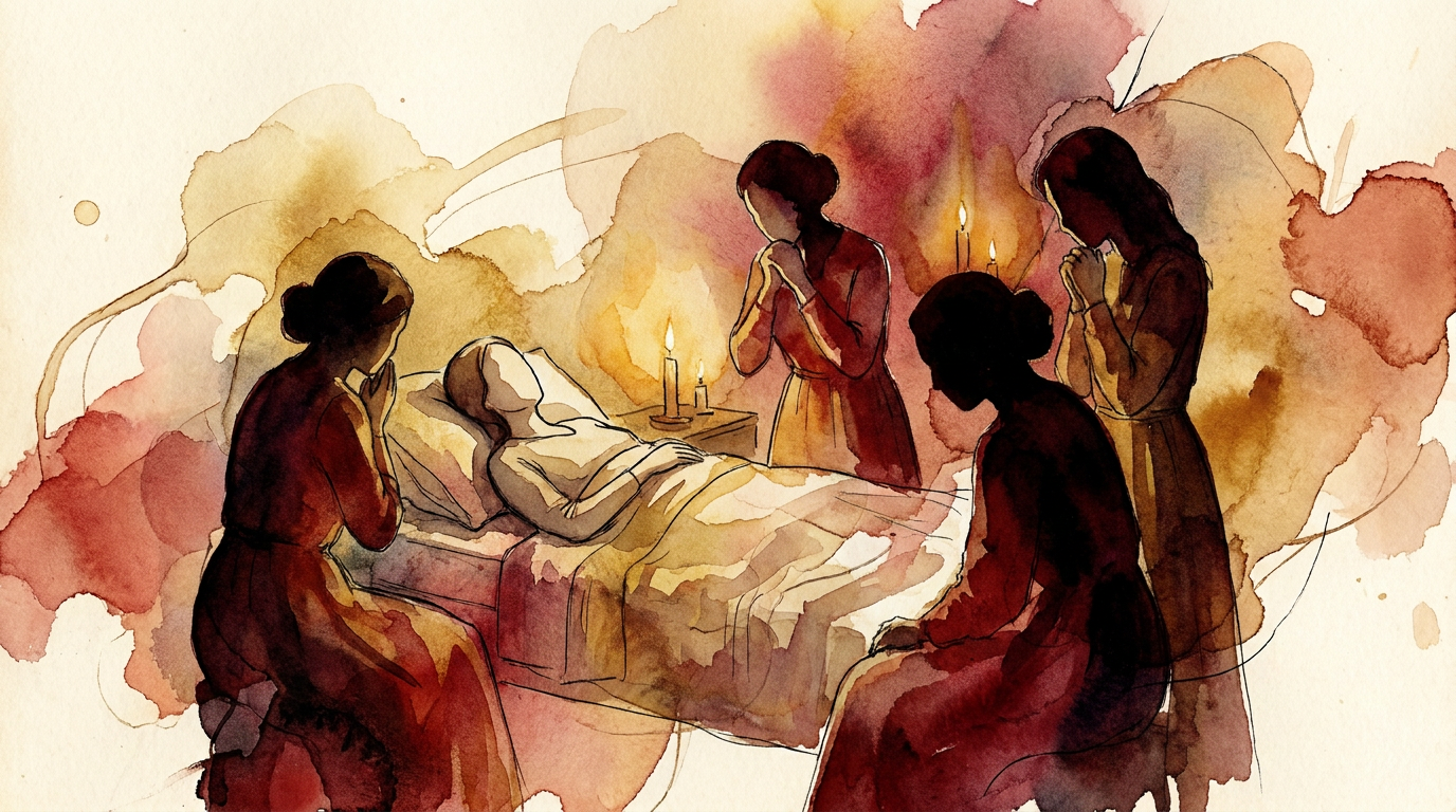 A sickbed scene with worried sisters, watercolor illustration