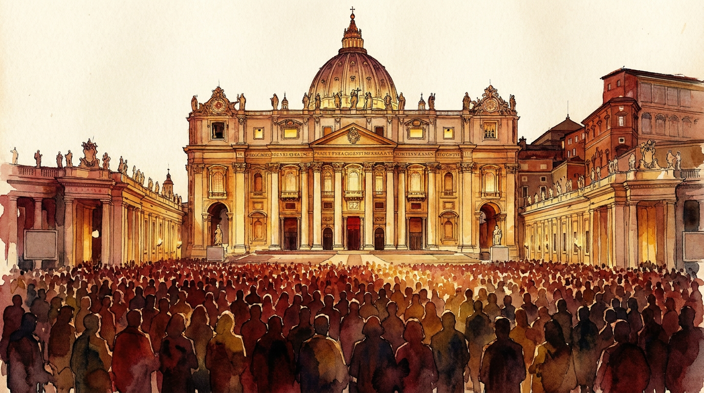 Saint Peter's Square filled with a crowd, watercolor illustration