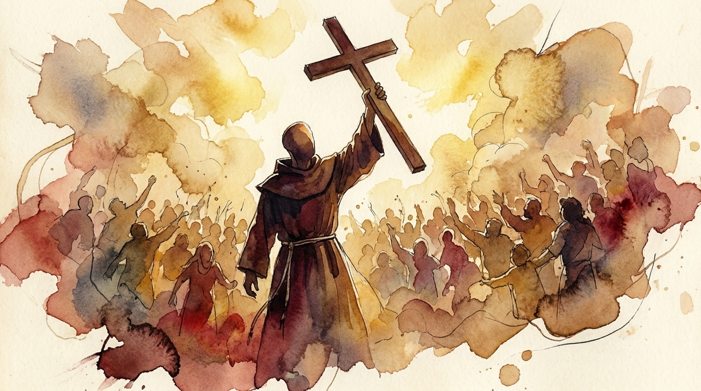 Illustration of a friar raising a cross before a crowd of peasant crusaders