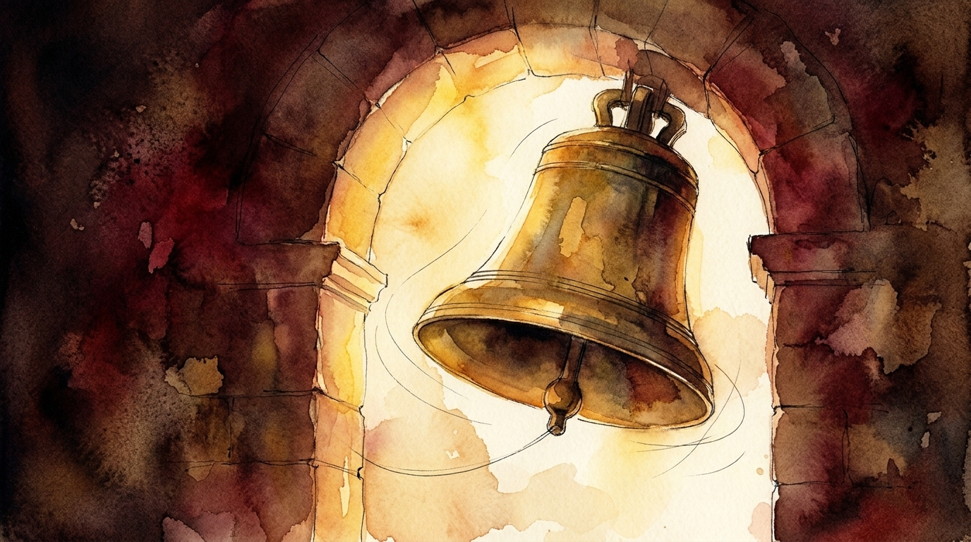 Illustration of a church bell ringing in warm light
