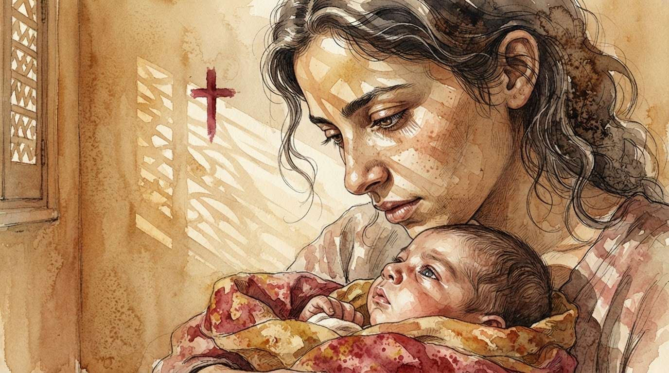 Illustration of a young North African mother holding her newborn son beside a shuttered window