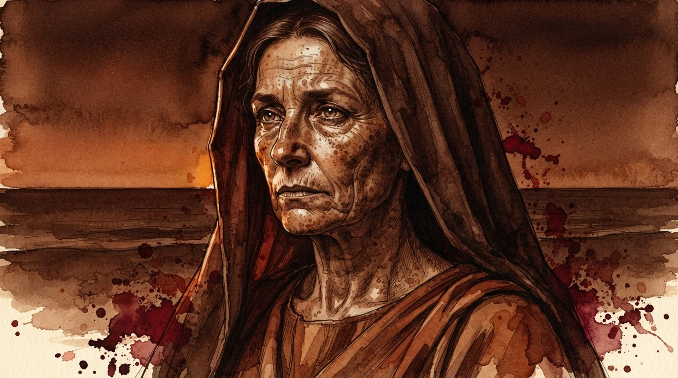 Illustration of a veiled Roman woman standing alone on empty sand at dawn, an empty sea behind her