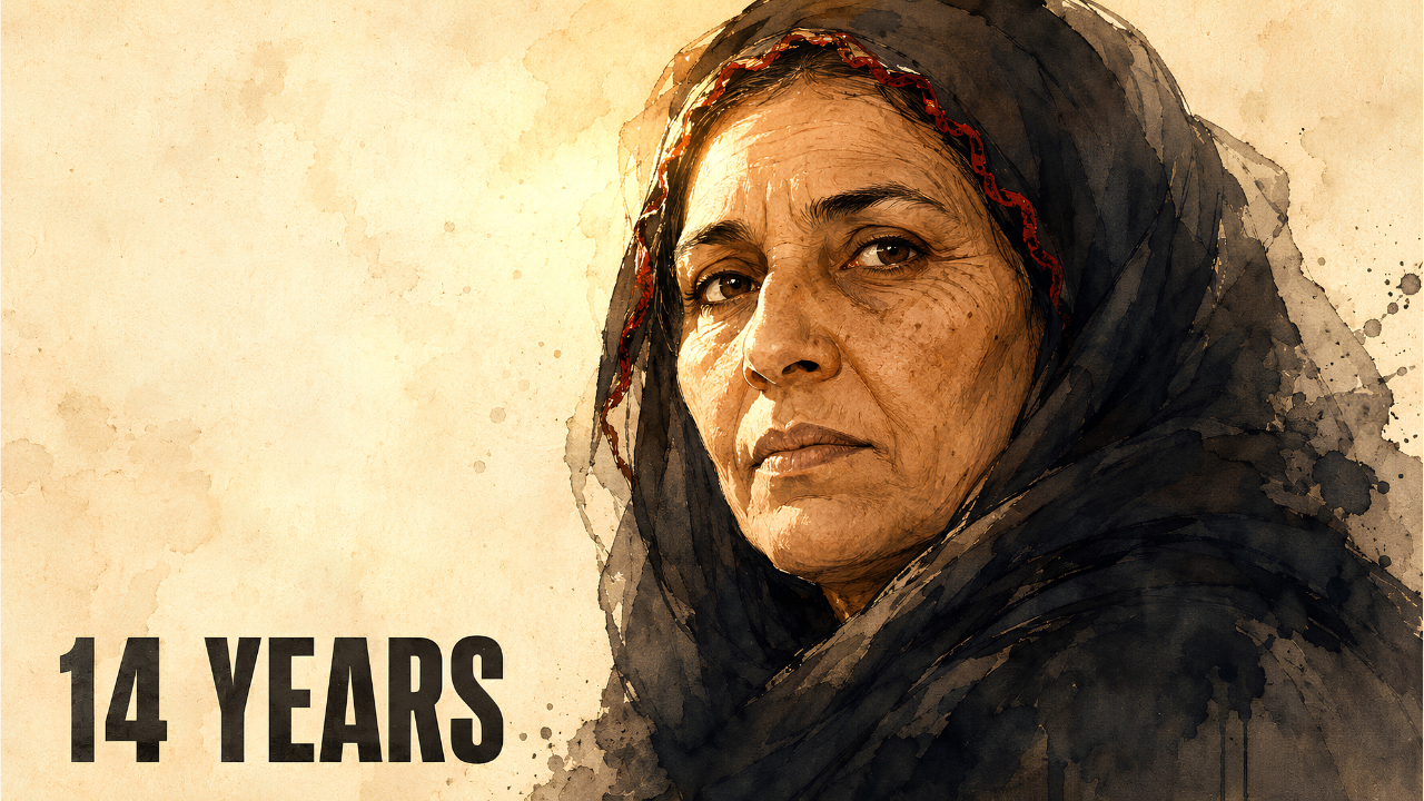 Illustrated portrait of St. Monica with the words 14 Years