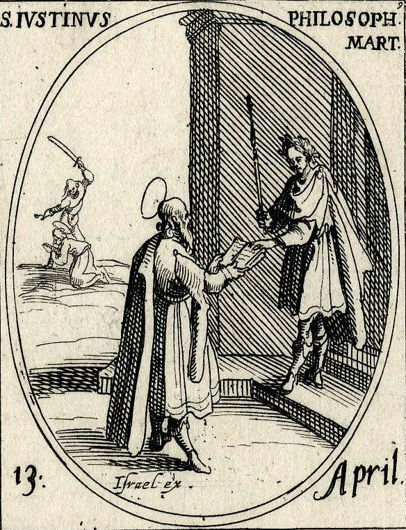 Jacques Callot, etching of Justin Martyr presenting an open book to a Roman emperor