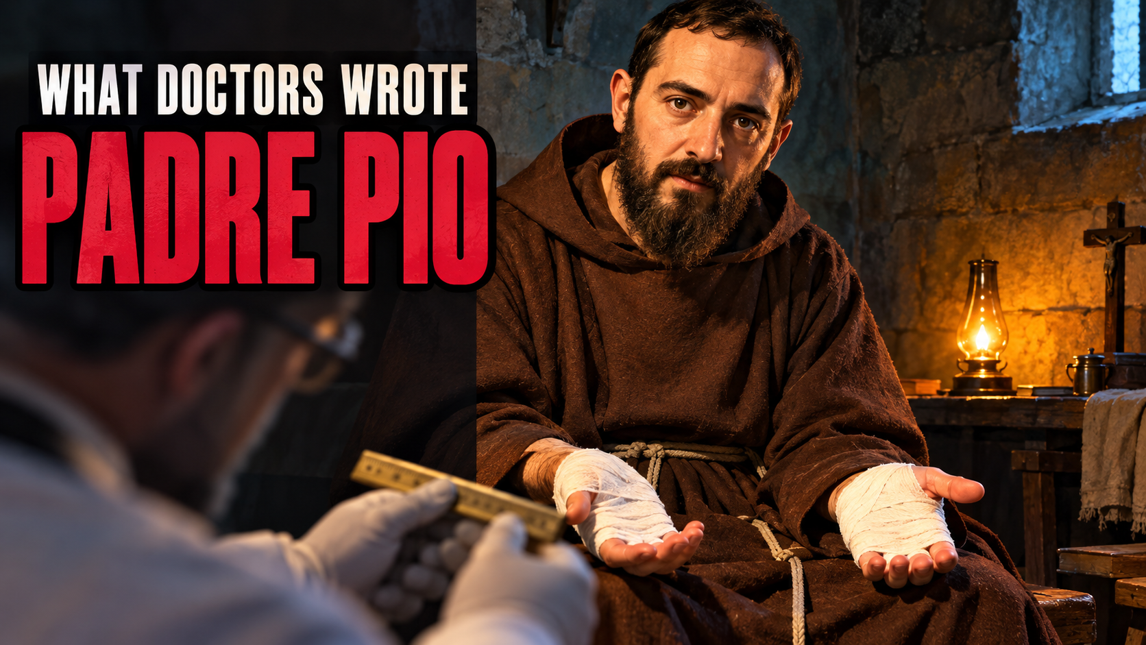 Padre Pio in his cell with bandaged hands held out, beside the words What doctors wrote