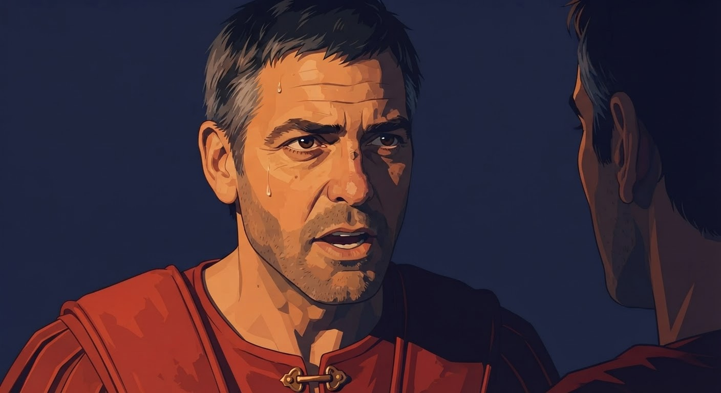Illustration: the centurion Marcellus declaring his faith before his company in festival sunlight