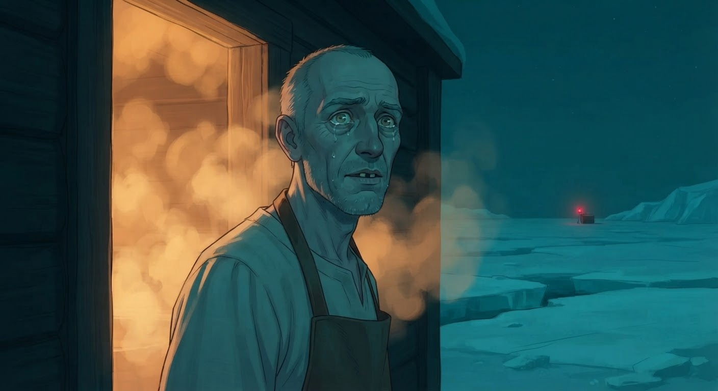 Illustration: the keeper of the baths standing in the doorway, looking out at the frozen pond