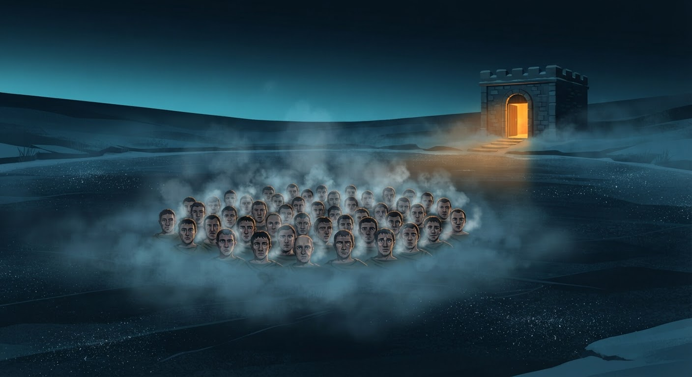 Illustration: forty Roman soldiers standing in mist on a frozen pond at night, a bath-house glowing amber on the shore